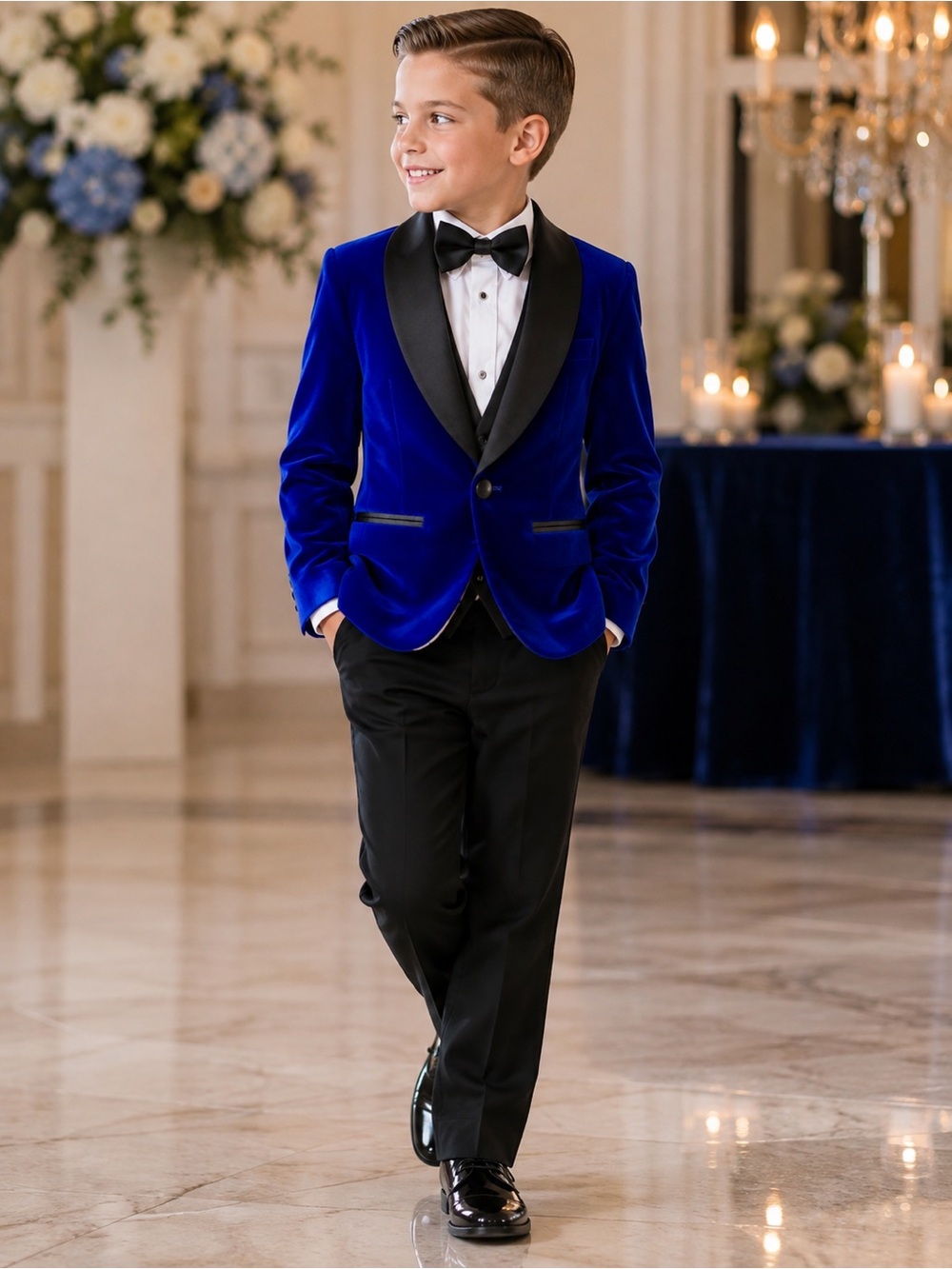 Boys Size 8 Royal Blue Velvet Tuxedo Suit Black Pants Bow Tie Wedding Formal